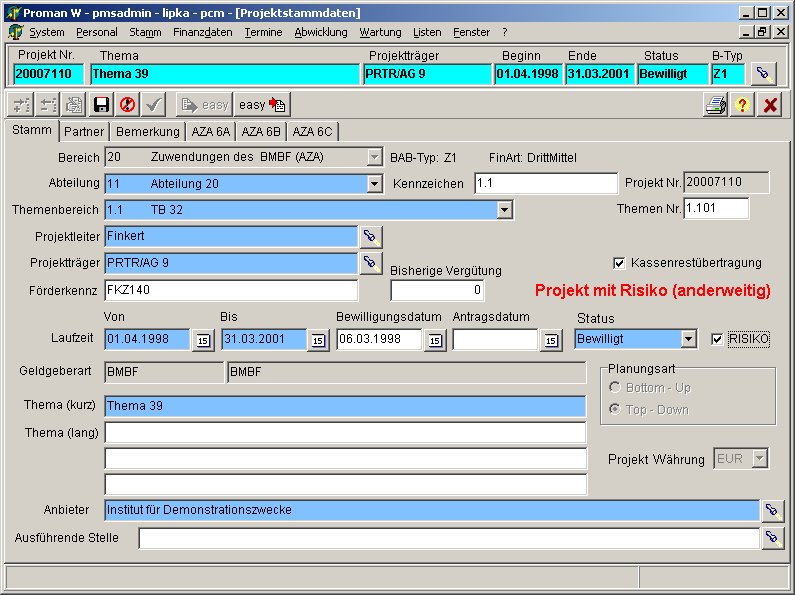 PROMAN W — vstupná maska údajov o projekte